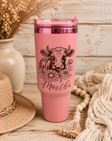 Personalized Highland Cow & Floral Tumbler (Soft Pink)