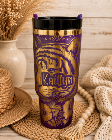 Custom Regal Tiger Mascot Tumbler (Purple & Gold)