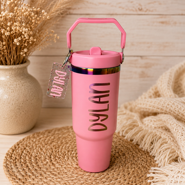 Minimalist Personalized Tumbler with Glitter Bag Tag (Pink)