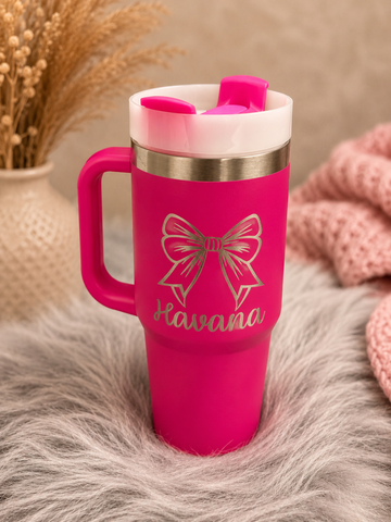Custom Coquette Bow & Side-Handle Tumbler (Hot Pink)