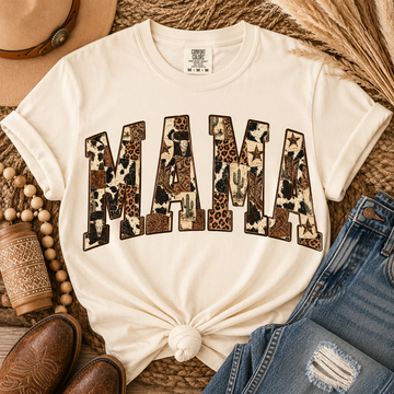 Western Patchwork MAMA DTF Transfer – Cowgirl Boots & Cheetah Print Country Design