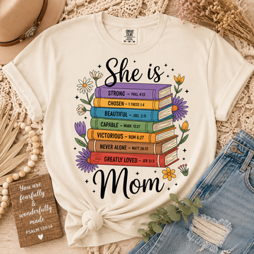 "She is Mom" Scripture Book Stack DTF Transfer – Christian Mother's Day Faith Design