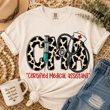 CMA Cow Print Varsity DTF Transfer – Certified Medical Assistant Nursing Design