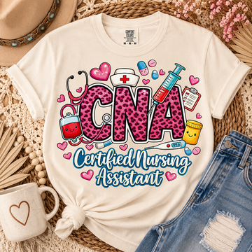 Pink Cheetah CNA DTF Transfer – Certified Nursing Assistant Doodle Design