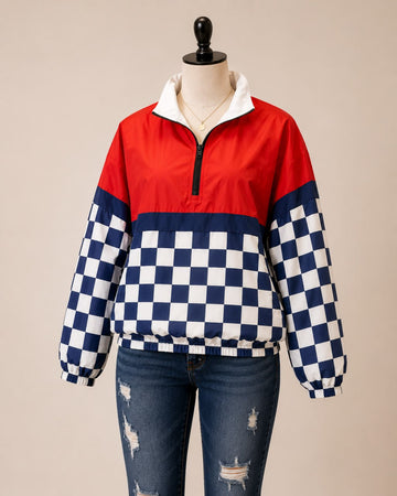 Grand Prix Chic: Red and Checkerboard Quarter-Zip Jacket