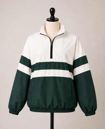 Classic Forest Green & White Quarter-Zip Windbreaker