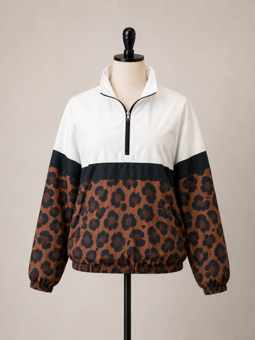 Women’s Leopard Print Color-Block Quarter-Zip Windbreaker