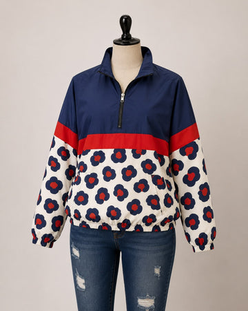 Women’s Retro Floral Color-Block Quarter-Zip Jacket