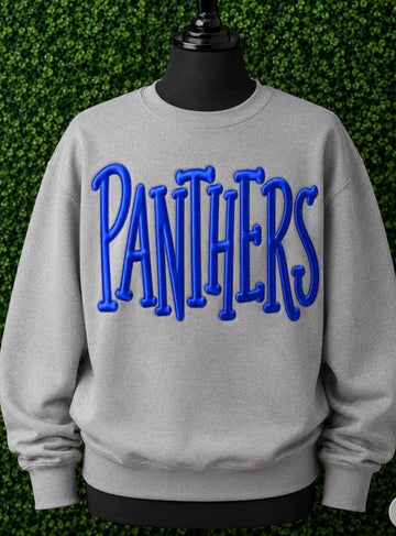 Royal Blue 3D Puff Lettering "PANTHERS" Grey Crewneck