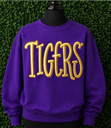 Bold Purple & Gold 3D Puff Print "TIGERS" Crewneck Sweatshirt