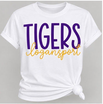White Purple & Gold "TIGERS logansport" Dual-Font Graphic Tee