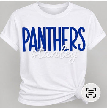 White & Royal Blue "PANTHERS stanley" Script Graphic Tee