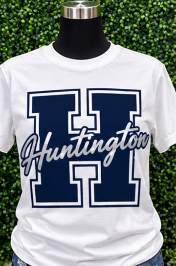 White & Navy Blue "Huntington" Script Varsity Letter "H" Tee
