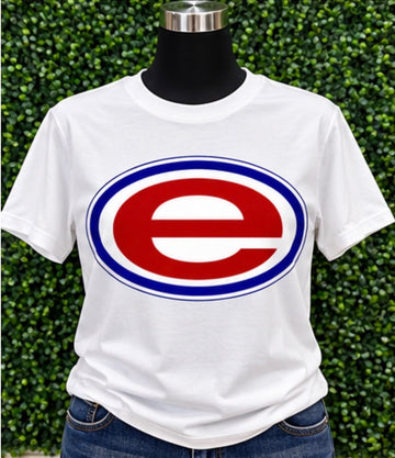 Crisp White Red & Blue Oval Letter "e" Graphic Tee