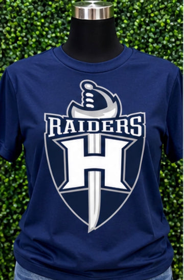 Navy Blue "RAIDERS" Sword & Shield Mascot Graphic T-Shirt