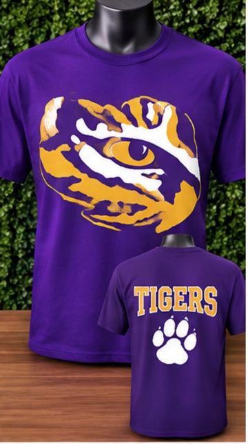 Purple LSU-Style Tiger Eye & Paw Print Dual-Sided Graphic Tee